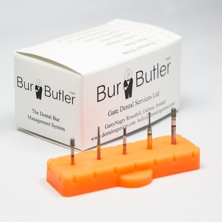 BurButler Amber Orange 5 hole base lid off with burs and Box Small638
