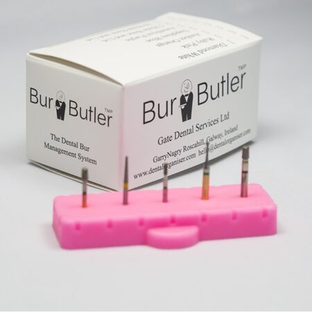 BurButler Ruby Pink 5 hole base lid off with burs and Box Small638
